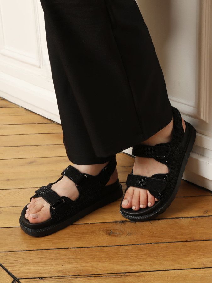Sandales à scratch avec strass noires