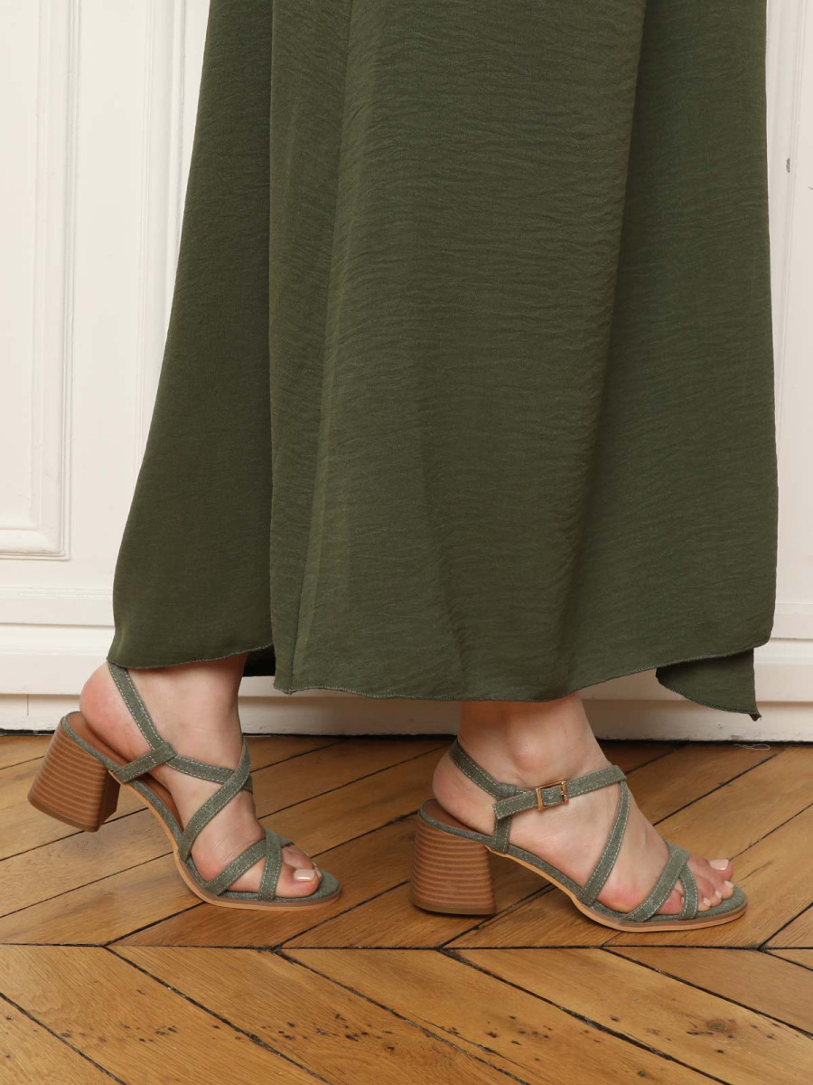 Sandales à talon avec brides en denim kaki