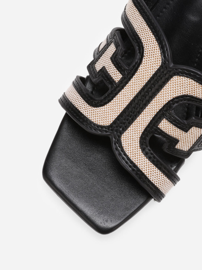 Mules noires bi-matières avec bride et talon en tissu