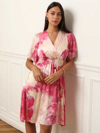 Robe fuchsia évasée à plumes dorées