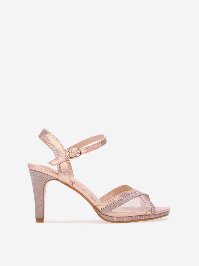 Sandales dorées rose à paillettes et brides croisées en résille