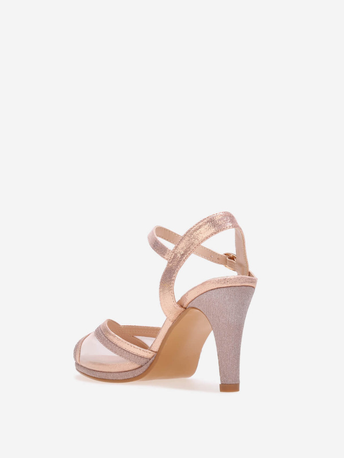 Sandales dorées rose à paillettes et brides croisées en résille