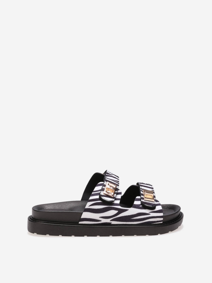 Mules zébrées en simili avec brides à scratch