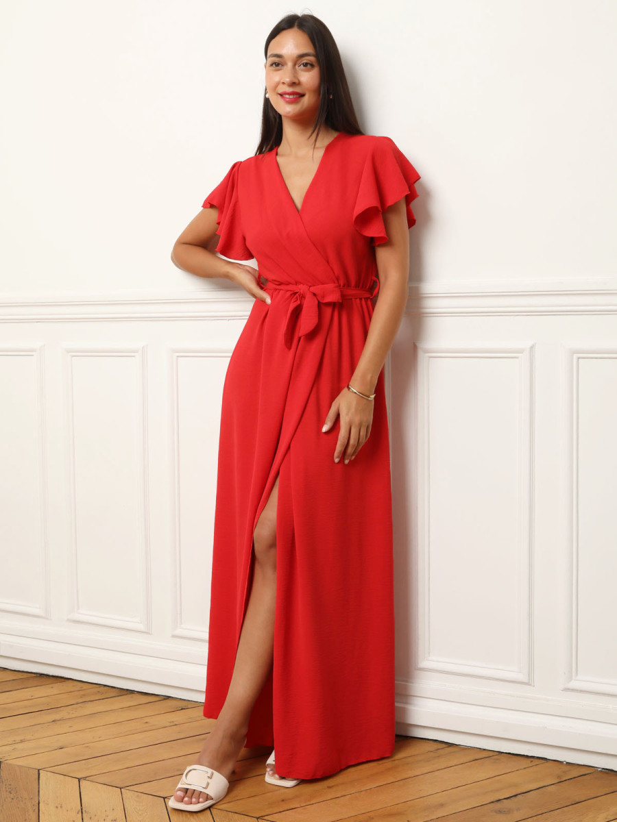 Robe longue fendue à col cache coeur