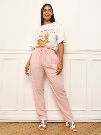 Pantalon carotte taille haute rose