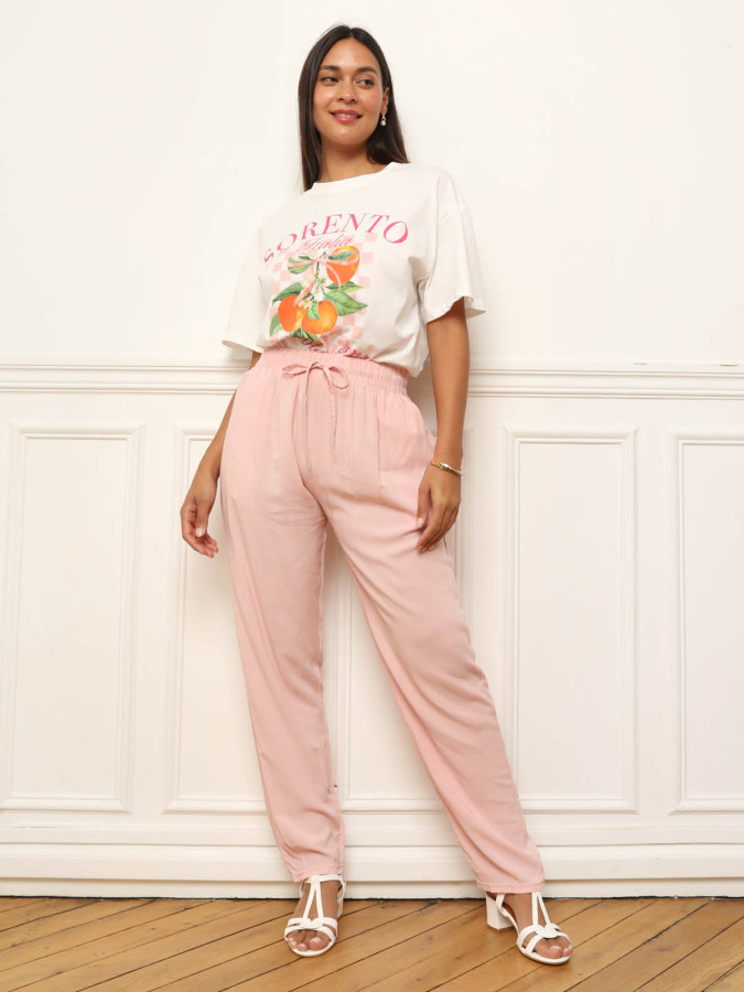 Pantalon carotte taille haute rose