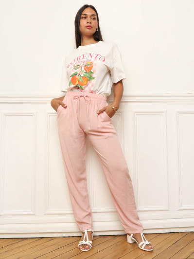 Pantalon carotte taille haute rose