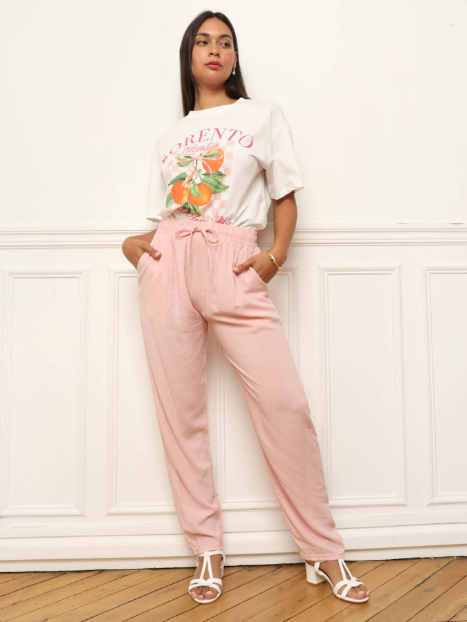 Pantalon carotte taille haute rose