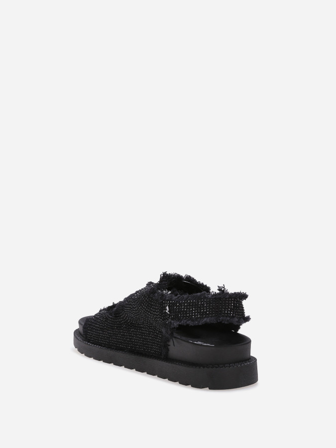 Sandales noires en denim effet destroy et à strass