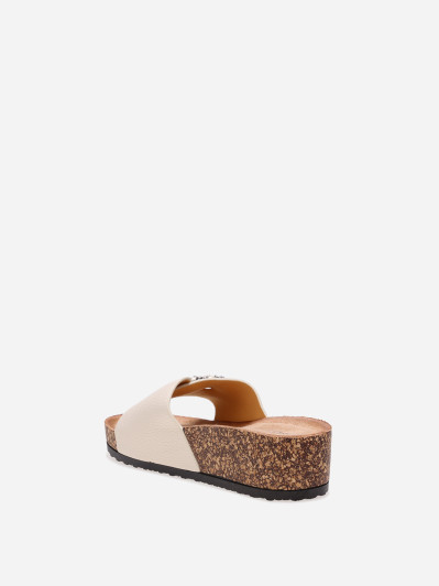 Mules compensées beiges avec boucle à strass