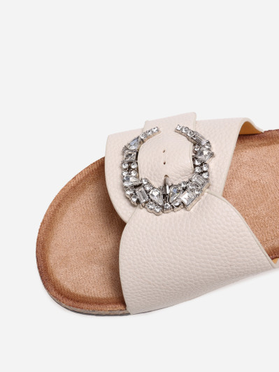 Mules compensées beiges avec boucle à strass