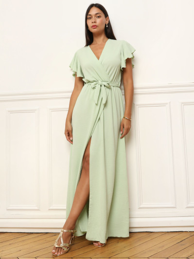 Robe Verte à Col Châle Strass Et Manches Bouffantes - Taille L, Maxi Fendue