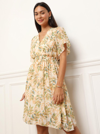 Robe blanche cache-cœur à motifs feuilles et détails dorés