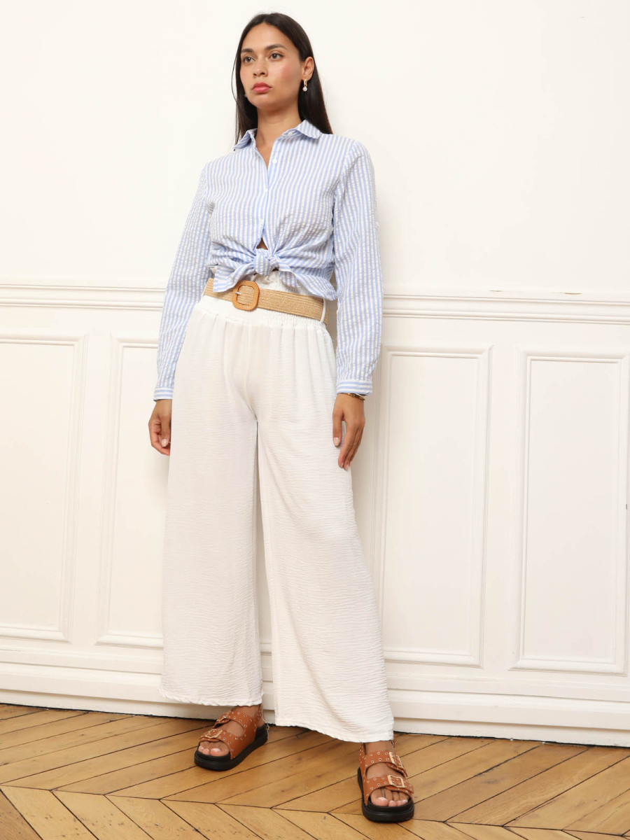Pantalon Pont Lin Rayé - Pantalons Blanc Officier / Bleu Royale Femme - Printemps/Été | ESCALES | escales