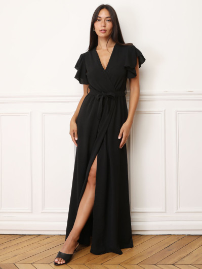 Robe longue noire fendue à col cache coeur