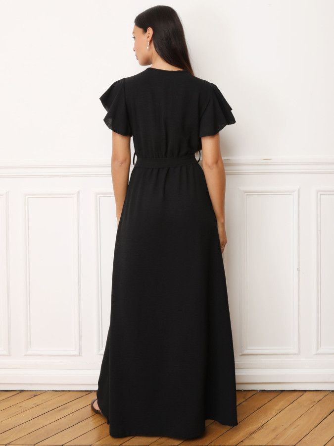 Robe longue noire fendue à col cache coeur