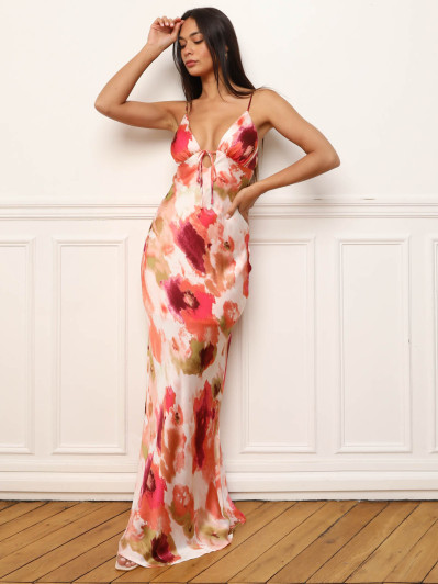 Robe longue dos-nu effet satinée rose