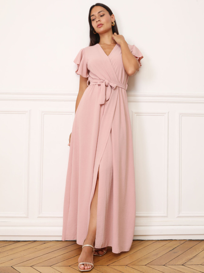 Robe longue fendue à col cache coeur