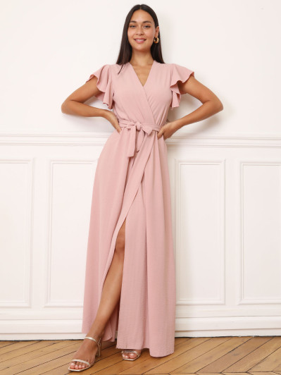 Robe longue fendue à col cache coeur