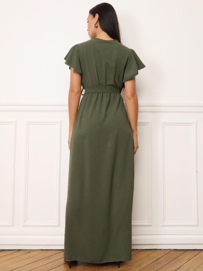 Robe longue kaki fendue à col cache coeur