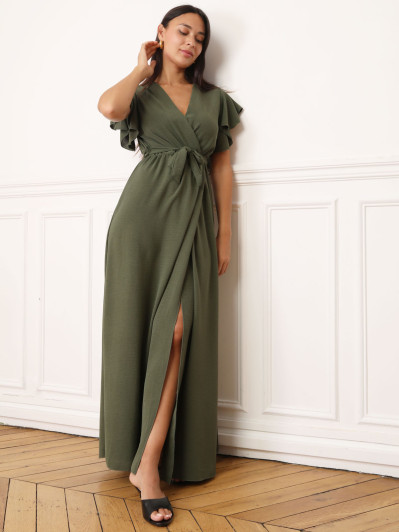 Robe longue kaki fendue à col cache coeur