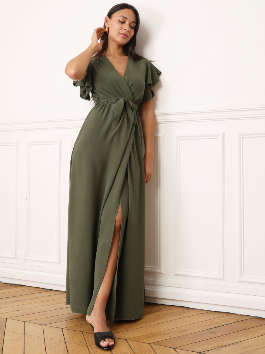 Robe longue kaki fendue à col cache coeur