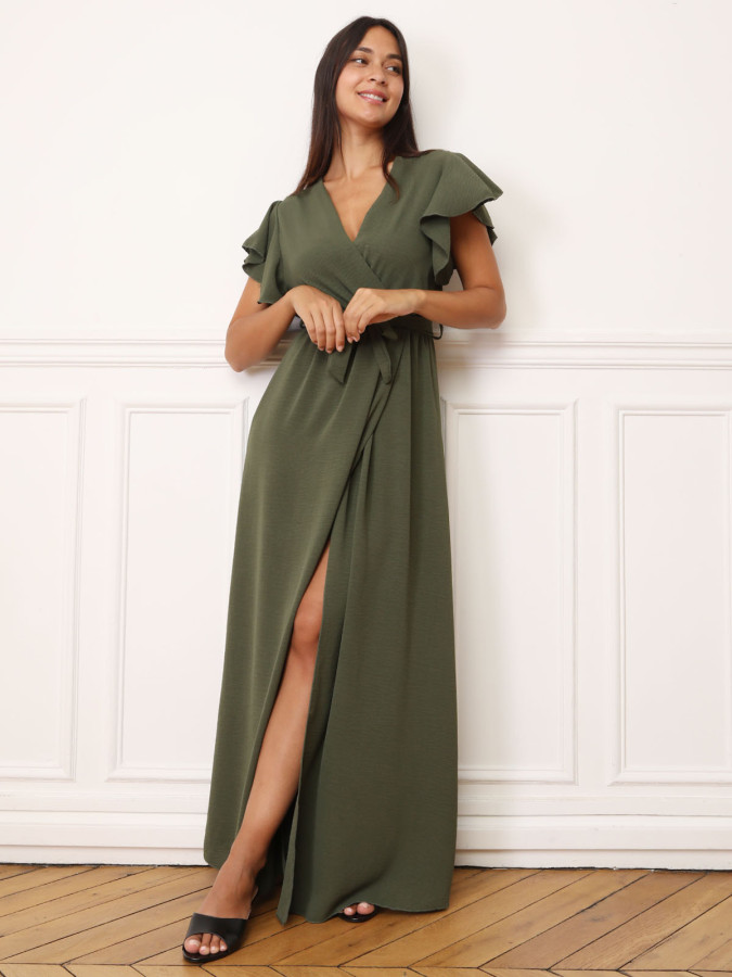 Robe longue kaki fendue à col cache coeur