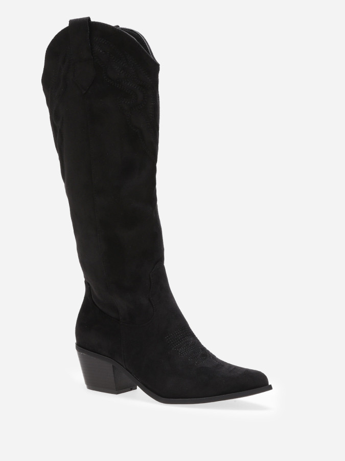 Santiags pointues en suédine noire à motifs surpiqués