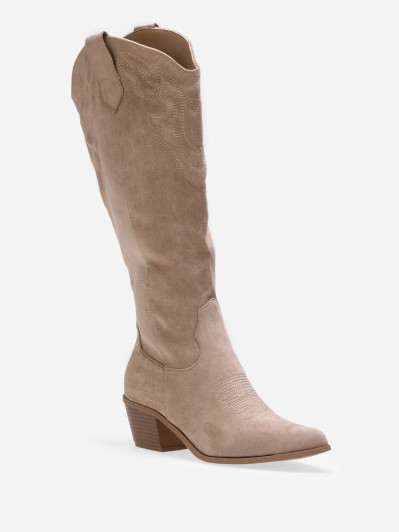 Santiags pointues en suédine taupe à motifs surpiqués