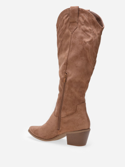 Santiags pointues en suédine camel à motifs surpiqués