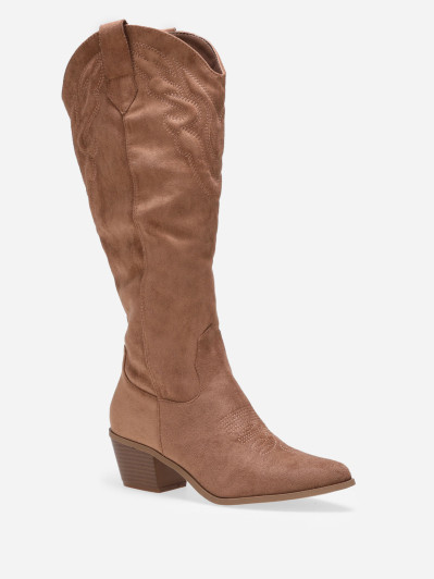 Santiags pointues en suédine camel à motifs surpiqués