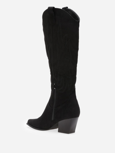 Santiags hautes en suédine noire à surpiqûres