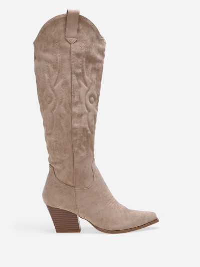 Santiags hautes en suédine taupe à surpiqûres