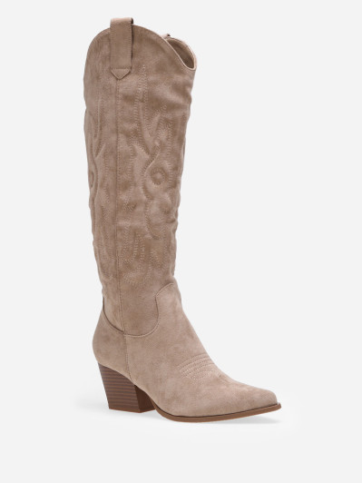 Santiags hautes en suédine taupe à surpiqûres