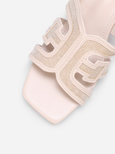 Mules beiges bi-matières avec bride et talon en tissu
