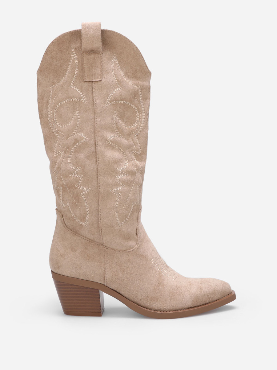 Santiags en suédine taupe à surpiqûres décoratives