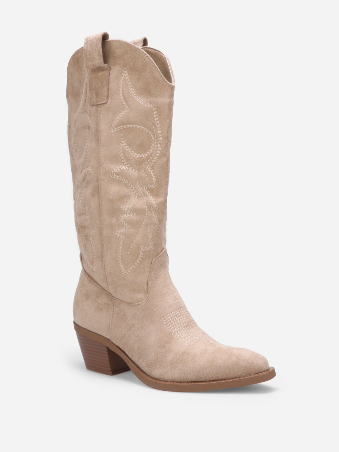 Santiags en suédine taupe à surpiqûres décoratives