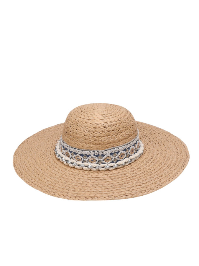 Capeline en paille taupe avec galon brodé