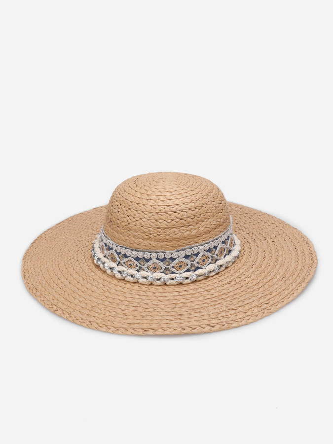 Capeline en paille taupe avec galon brodé