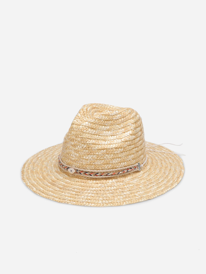 Panama en paille beige avec galons tressés et bijou