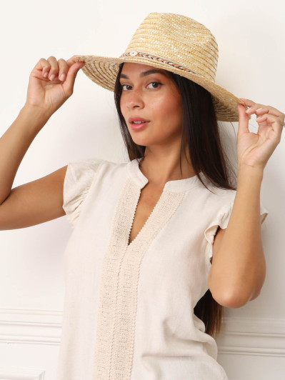 Panama en paille beige avec galons tressés et bijou