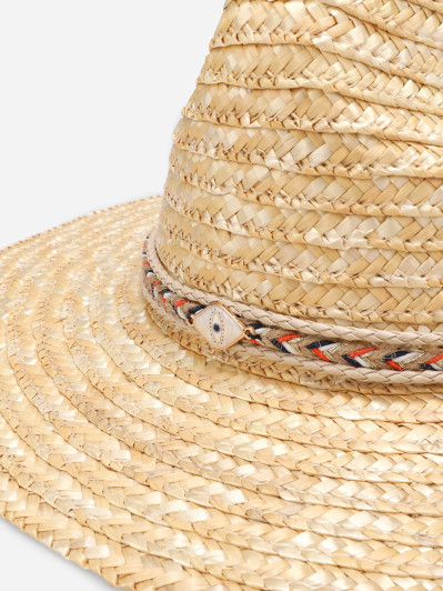 Panama en paille beige avec galons tressés et bijou