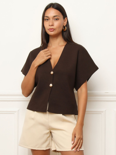 Top marron à manches évasées et boutons dorés
