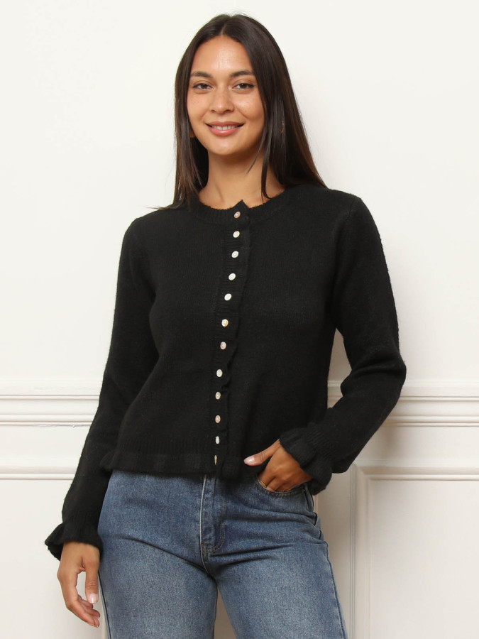 Cardigan festonné noir à boutons nacrés