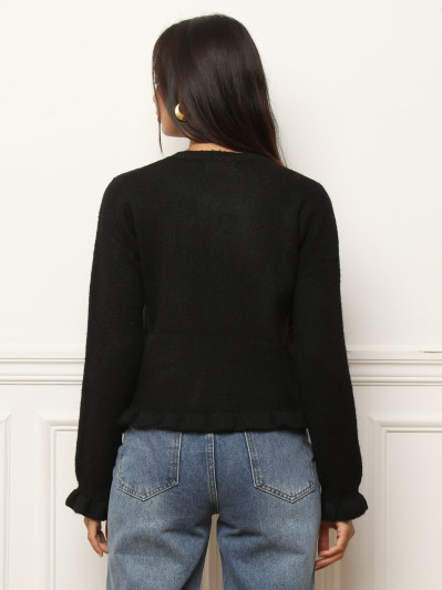 Cardigan festonné noir à boutons nacrés