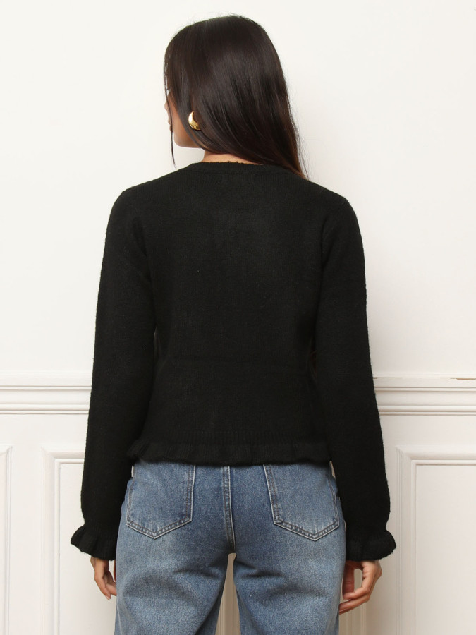 Cardigan festonné noir à boutons nacrés