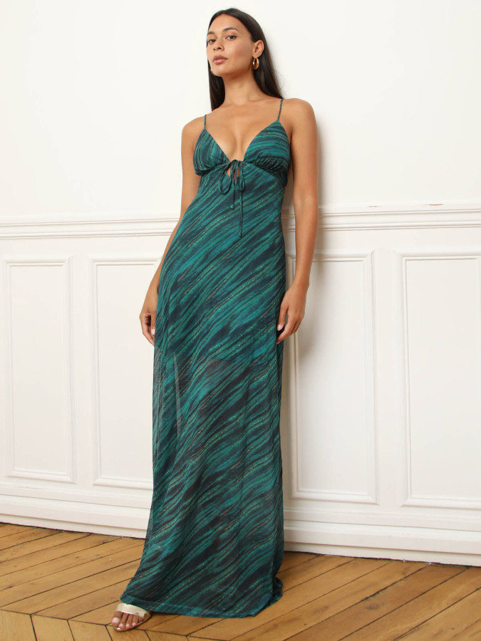 Robe en tulle bleu canard à motif rayé