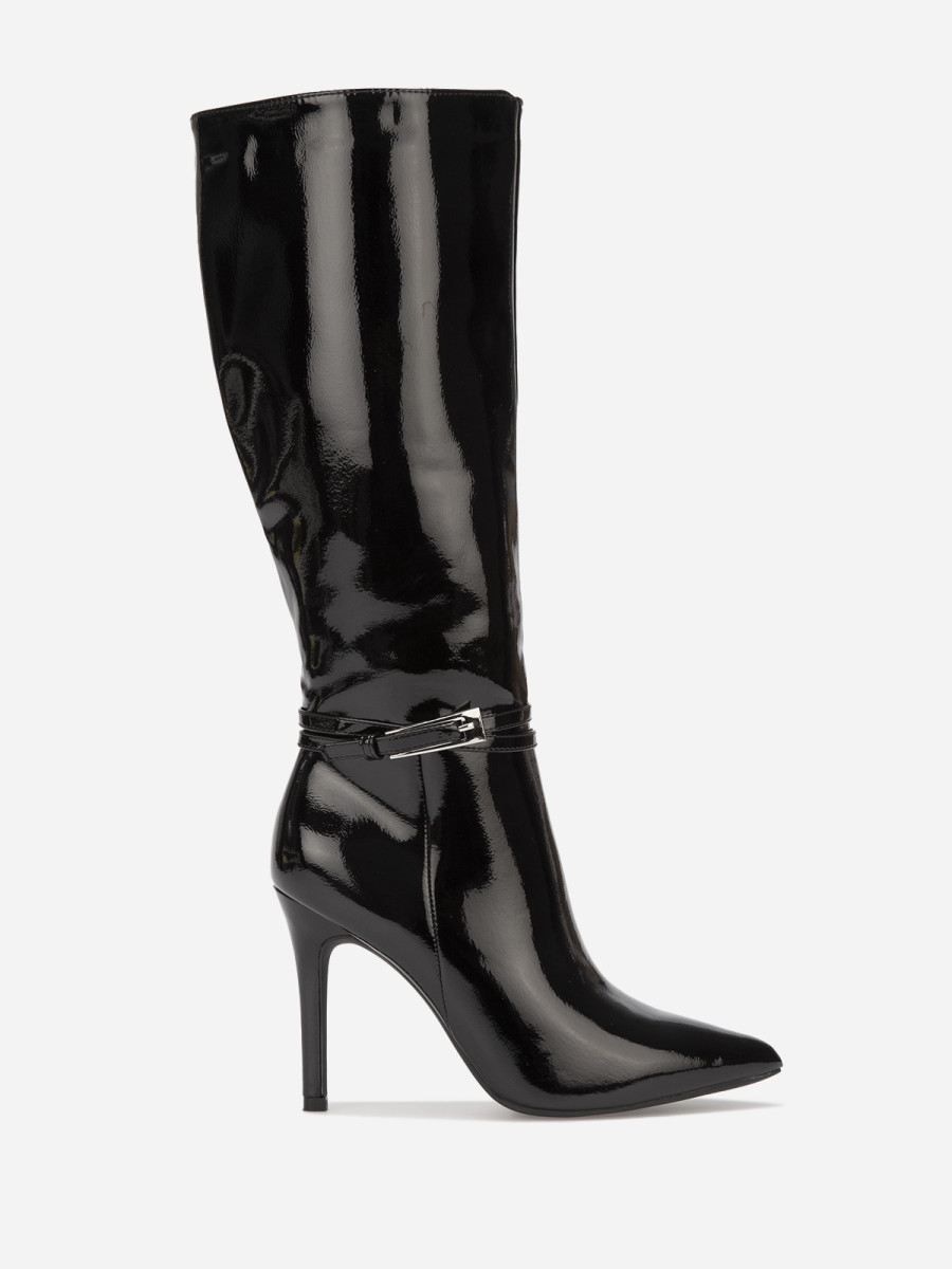 Bottes vernies pointues noires avec bride à boucle