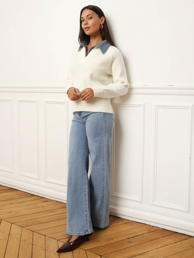 Pull côtelé blanc avec col chemise en denim