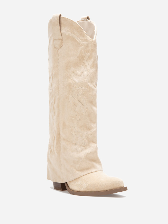 Bottes santiags en suédine beige avec revers